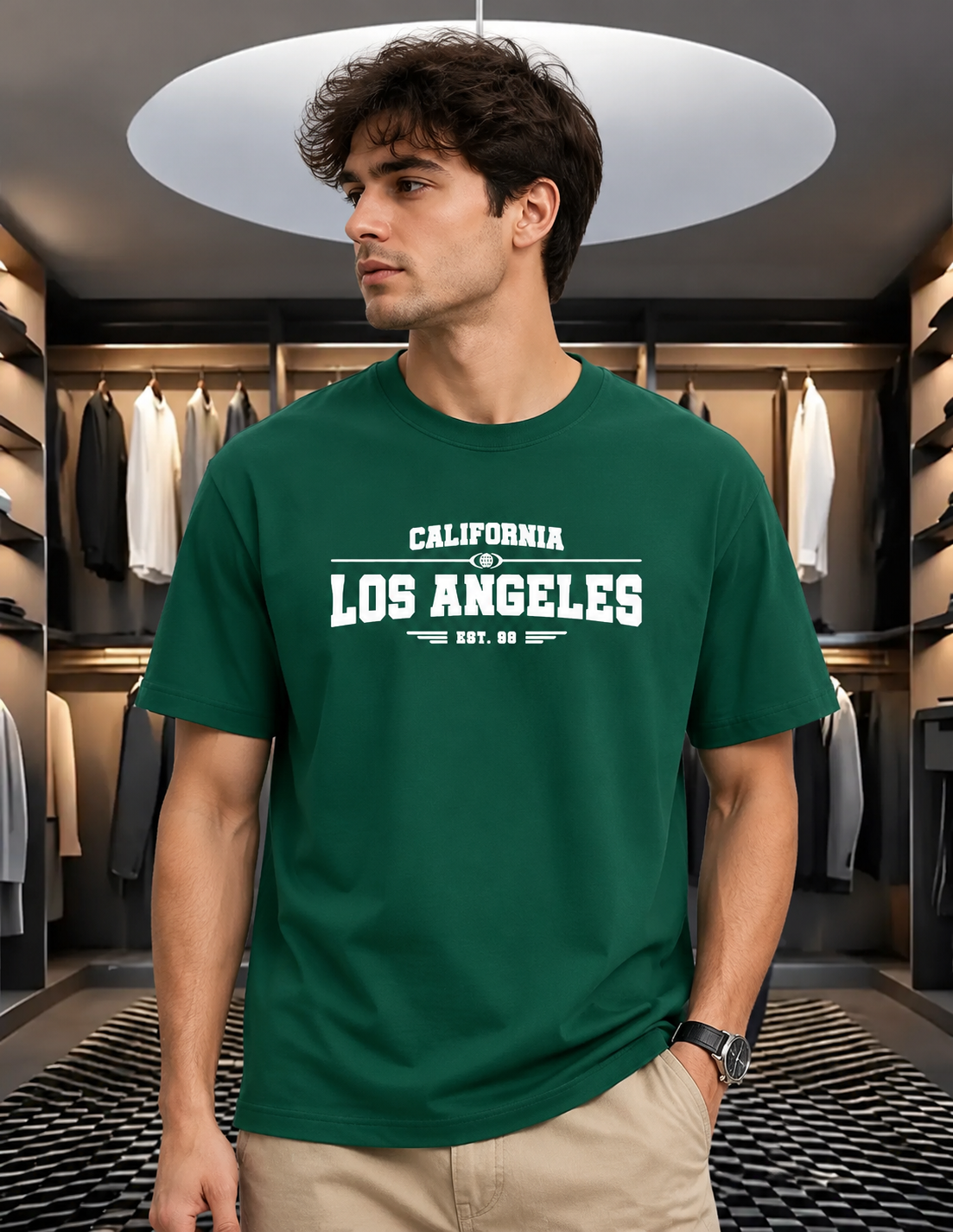 Premium Quality Drop Shoulder T-Shirt | Bottle Green Colour Califonia Los Angeles