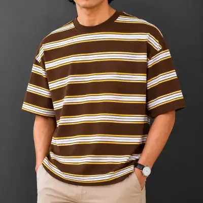 Premium Quality Linear  Retro Stripe  Drop Shoulder T-Shirt