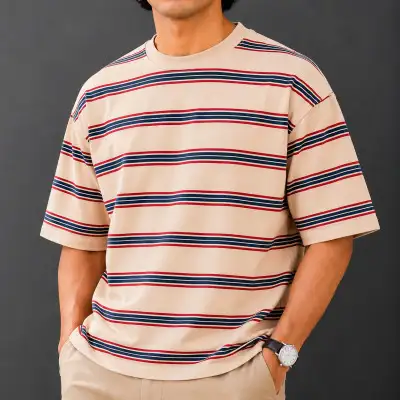 Premium Quality Linear  Retro Stripe  Drop Shoulder T-Shirt