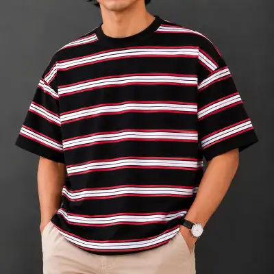 Premium Quality Linear  Retro Stripe  Drop Shoulder T-Shirt